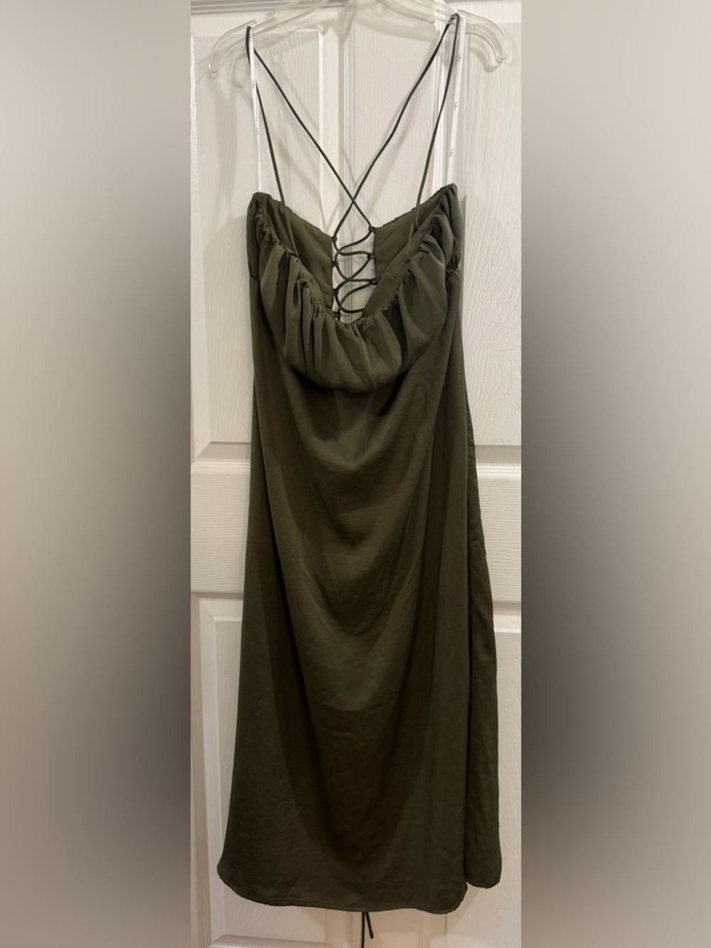 Lulu's Olive Green Midi Dress with Crisscross Lace-Up Back